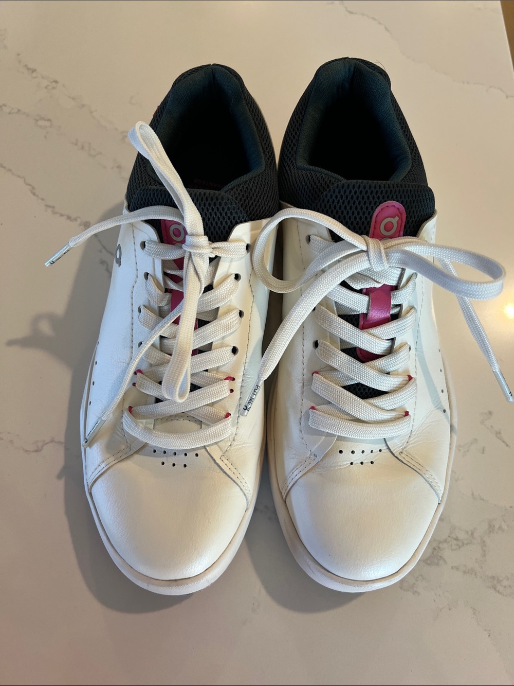 On Running White Pickleball or Casual Sneakers with Pink and Navy Accents